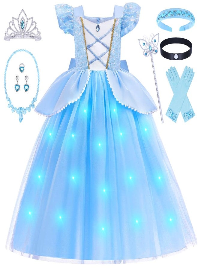 G.C Cinderella Costume for Girls Kids Light Up Dress Up Clothes with Toys Accessories Crown Wand Earrings Necklace Gloves Halloween Princess Party Cosplay Outfit for Girls 5-6 - Image 1